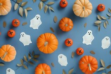 Halloween Background With Pumpkins And Ghosts On Blue, In The Style Of Minimalist Collages, Navy And Beige