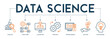 Banner Data science concept with English keywords and icon of analysis, structure, algorithm, process, programming, solving and knowledge