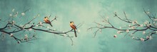 Vintage Photo Wallpaper With Branches And Birds On Cyan Background