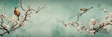 Vintage Photo Wallpaper With Branches And Birds On Turquoise Background