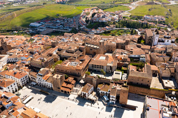 Wall Mural - Drone view of the administrative center and residential areas of the city of Caceres, Spain
