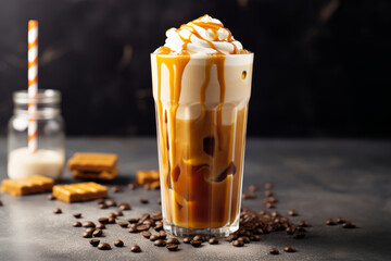 Wall Mural - Iced caramel latte coffee in a tall glass with caramel syrup