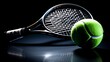 new tennis racket and ball on perfect black background .for sports marketing, athletic training content, and sporting goods promotion.