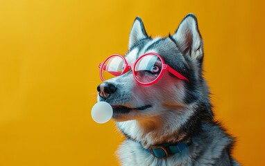 Wall Mural - Husky dog blowing bubble gum wearing sunglasses fashion portrait on solid pastel background. presentation. advertisement. invitation. copy text space.