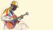 Guitar jazz player, single continuous line drawn on yellow background with colour splash, copy space, great for any kind of music banner, 16:9