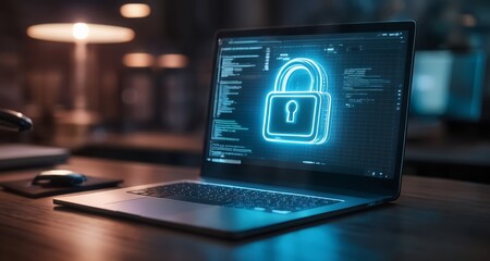 Poster -  Secure digital workspace with illuminated lock icon