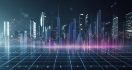 Wall Mural -  Cityscape with digital grid and vibrant lines, symbolizing technology and urban connectivity