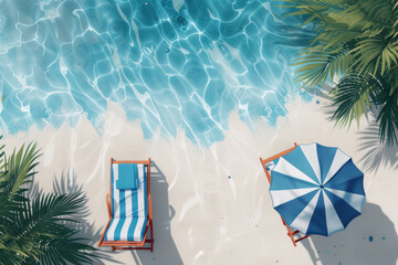 Wall Mural - Top view beach chairs on sand with palm trees, Summer holiday vacation concept