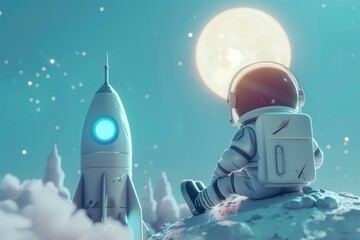 Wall Mural - 3d cartoon of astronaut and rocket with moon. Generative AI.