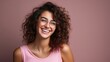 © ChimE - Studio portrait of a cheerful young woman with shaggy curly hair, smiling brightly. Ai Generated.