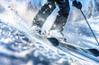 Close-up action shot of skiing or snowboarding down a mountain slope