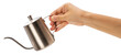© KT Studio - Hand holding Silver Mini Coffee Hand Drip Kettle,Hand pot coffee pot Hand brewed coffee set isolate on white background PNG File.