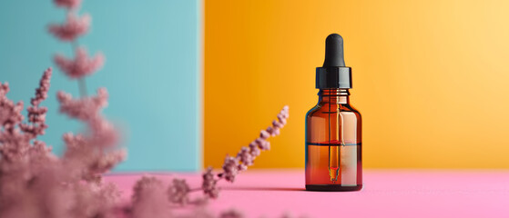 Bottle of Essential Oil on Pink and Blue Surface