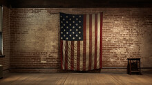 American Flag Hanging On Red Brick Wall And White Wall Of A Room. Hanging USA Flag On Red Wall