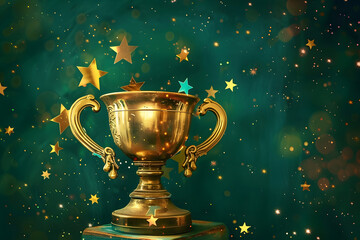 Wall Mural - Gold trophy cup gleams with pride as it takes center stage against a vibrant green background adorned with twinkling stars.