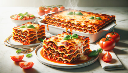 Slice of beef lasagna on a white plate served with fresh tomatoes on a marble kitchen table.