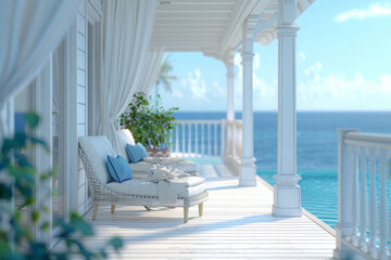 Wall Mural - Close-up of a white luxury villa terrace, with white wooden floor, white and blue comfortable chair, and the large open door overlooking at borderless swimming pool and beautiful ocean view...