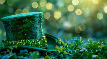 Canvas Print - glittering green top hat with clover leaves, festive st. patrick's day theme