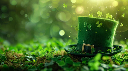 Canvas Print - glittering green top hat with clover leaves, festive st. patrick's day theme