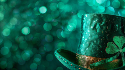 Canvas Print - glittering green top hat with clover leaves, festive st. patrick's day theme