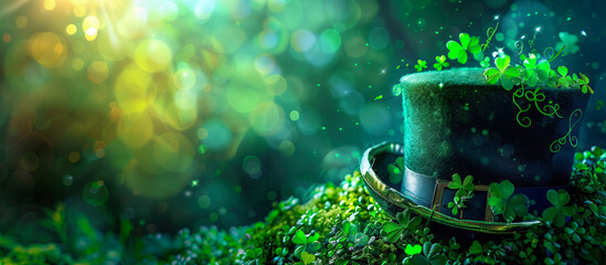 Canvas Print - glittering green top hat with clover leaves, festive st. patrick's day theme