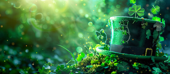 Canvas Print - glittering green top hat with clover leaves, festive st. patrick's day theme