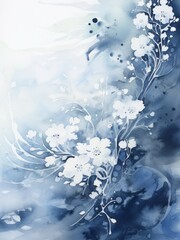 Wall Mural - White Flowers on Blue Background Painting