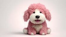 A Chubby, Adorable, Furry Little Pink Dog Happiness, Staring In A 3D Plush Style Against A White Background