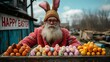 Quirky and eccentric bearded man dressed as an Easter Bunny on Easter.  Eggs - idiosyncratic humor - quirky charm