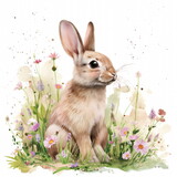 Fototapeta Na drzwi - Cute bunny in grass, pastel, flowers, watercolor illustration