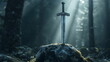 Sword King Arthur Excalibur in a stone in the forest, a ray of light reflected on the sword