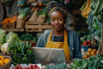  a Black Female Running a Street Vendor Food Stand with Fresh Organic Agricultural Products. Farmer Using Laptop Computer to Manage Business Operations, Online Orders and Marketing Campaign