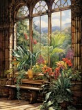 Fototapeta Storczyk - Nostalgic Train Station Botanical Wall Art: Vintage Scene Print with Garden Aesthetic