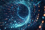 Fototapeta Przestrzenne - Beautiful blue binary tunnel circle, concept, computer, code or network. Futuristic Background