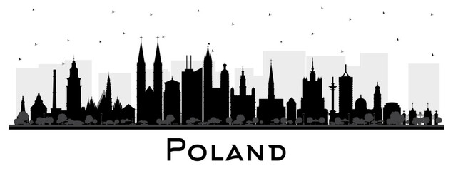 Wall Mural - Poland City Skyline silhouette with black Buildings isolated on white. Concept with Modern Architecture. Poland Cityscape with Landmarks. Warsaw. Krakow. Lodz. Wroclaw. Poznan.