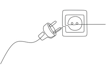Wall Mural - Continuous line art drawing of a plug being inserted into an electric outlet in a minimalist black linear design. Isolated on a white background. Vector illustration plug and socket.