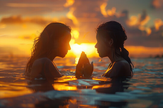 Baptism. Portrait of two young woman praying in the water at sunset