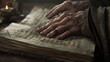 A detailed realistic image of prayer hands resting on an open ancient scripture symbolizing guidance wisdom and a connection to tradition The texts faded