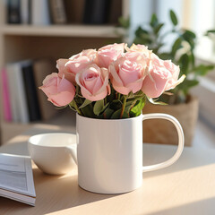 A white mug with pink roses inside, placed on the table in front of it is an open book and coffee cup