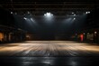 © sergio - A dimly lit empty shooting stage with a wooden floor and a spotlight, ready for film production. Generative AI.