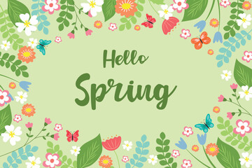 Wall Mural - Spring banner background vector illustration. Frame of beautiful spring flowers on a soft green background. Hi spring.