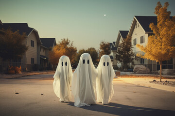Wall Mural - Kids wearing ghost costume in Halloween in a suburban street