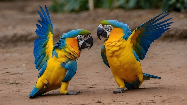 Playful parrots engaged in a colorful mid air dance