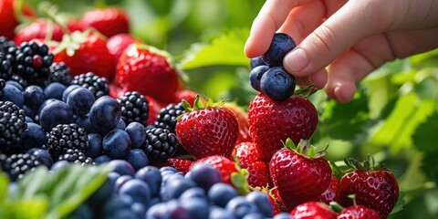 Wall Mural - A person picking berries from a field. Generative AI.