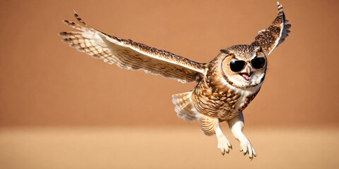 Wall Mural - Portrait of a joyful jumping owl in sunglasses against a light background. Promotional banner with copy space. Creative animal concept.