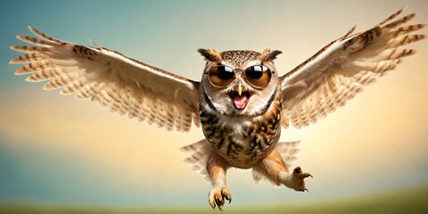 Wall Mural - Portrait of a joyful jumping owl in sunglasses against a light background. Promotional banner with copy space. Creative animal concept.