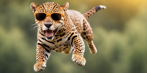 Wall Mural - Portrait of a joyful jumping jaguar in sunglasses against a light background. Promotional banner with copy space. Creative animal concept.