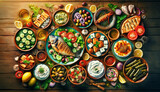 Fototapeta Młodzieżowe - traditional Greek food, beautifully arranged on a wooden table background