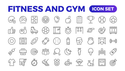 Wall Mural - Set of Thin line icons Fitness and Sport. Collection Outline fitness, gym health care. Healthy lifestyle set. Active life - organic food, time management, scales, bicycle, hiking. Outline icon set.