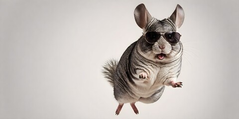 Wall Mural - Portrait of a joyful jumping chinchilla in sunglasses against a light background. Promotional banner with copy space. Creative animal concept.